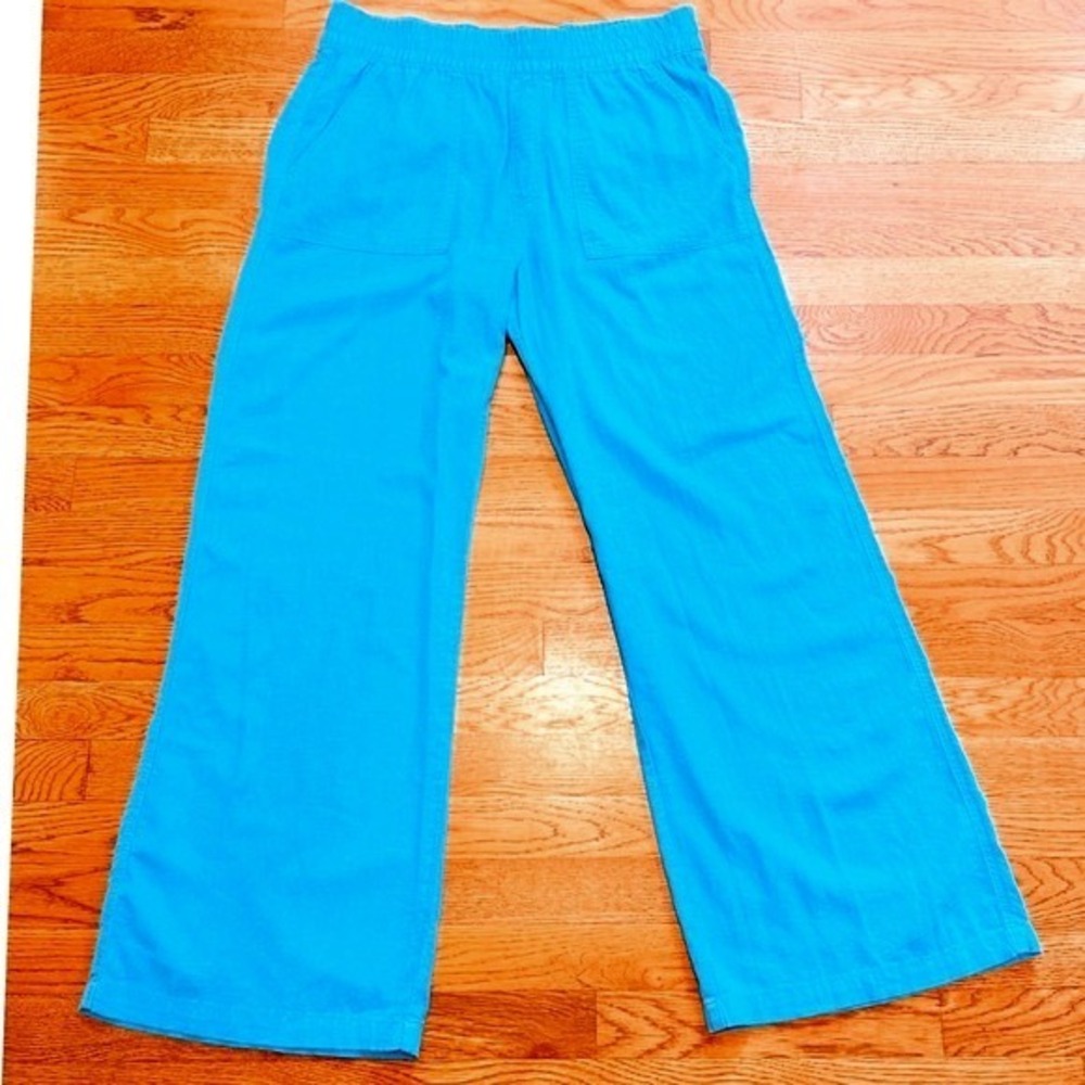 St Johns Bay Turquoise Linen Blend Wide Leg Elastic Waist Pants Large
